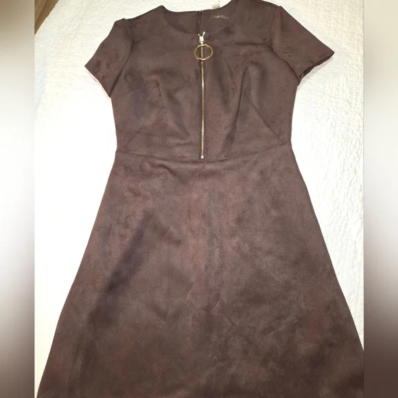 Calvin Klein Faux Suede O Ring A Line Midi Dress Womens Size 6 Chocolate Brown - Picture 5 of 11